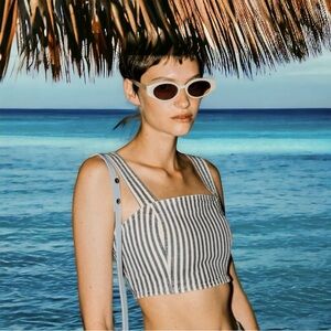 Zara Denim Striped Zip Side Tank Top Crop Structured Bust Square Neck Small NWT